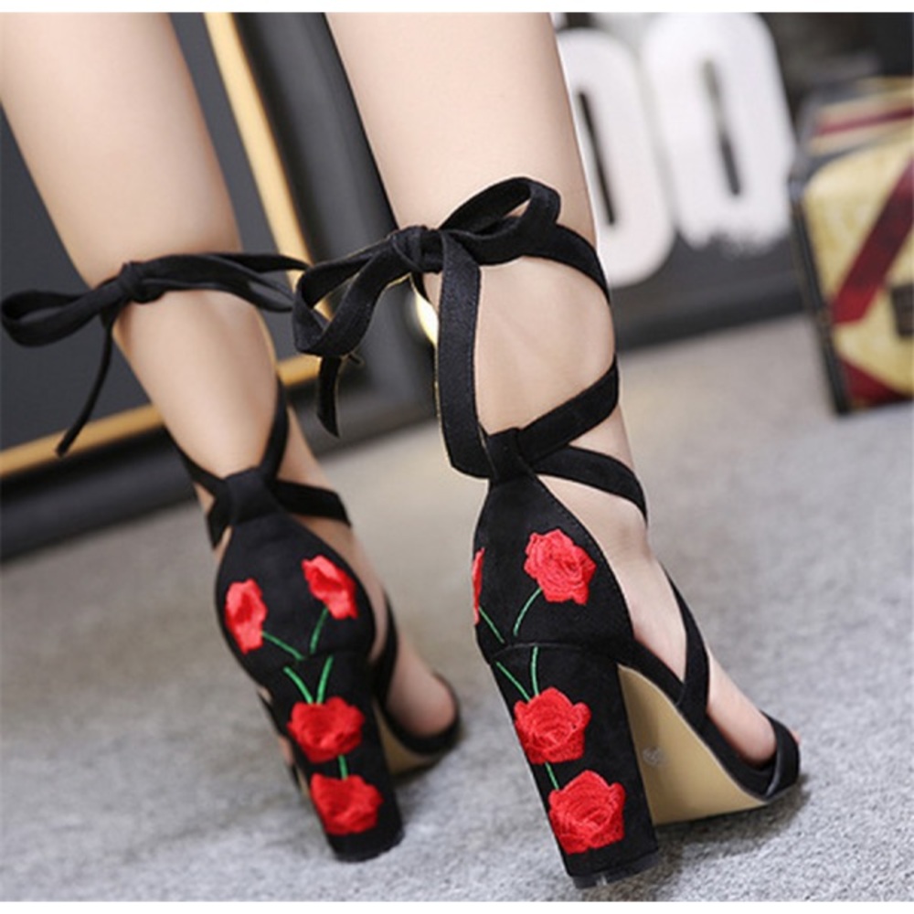Embroidered Strappy Heels